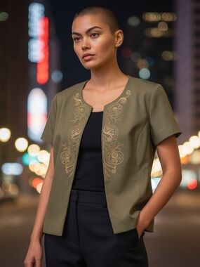 Kasper Olive Short-Sleeve Embroidered Button-Front Top